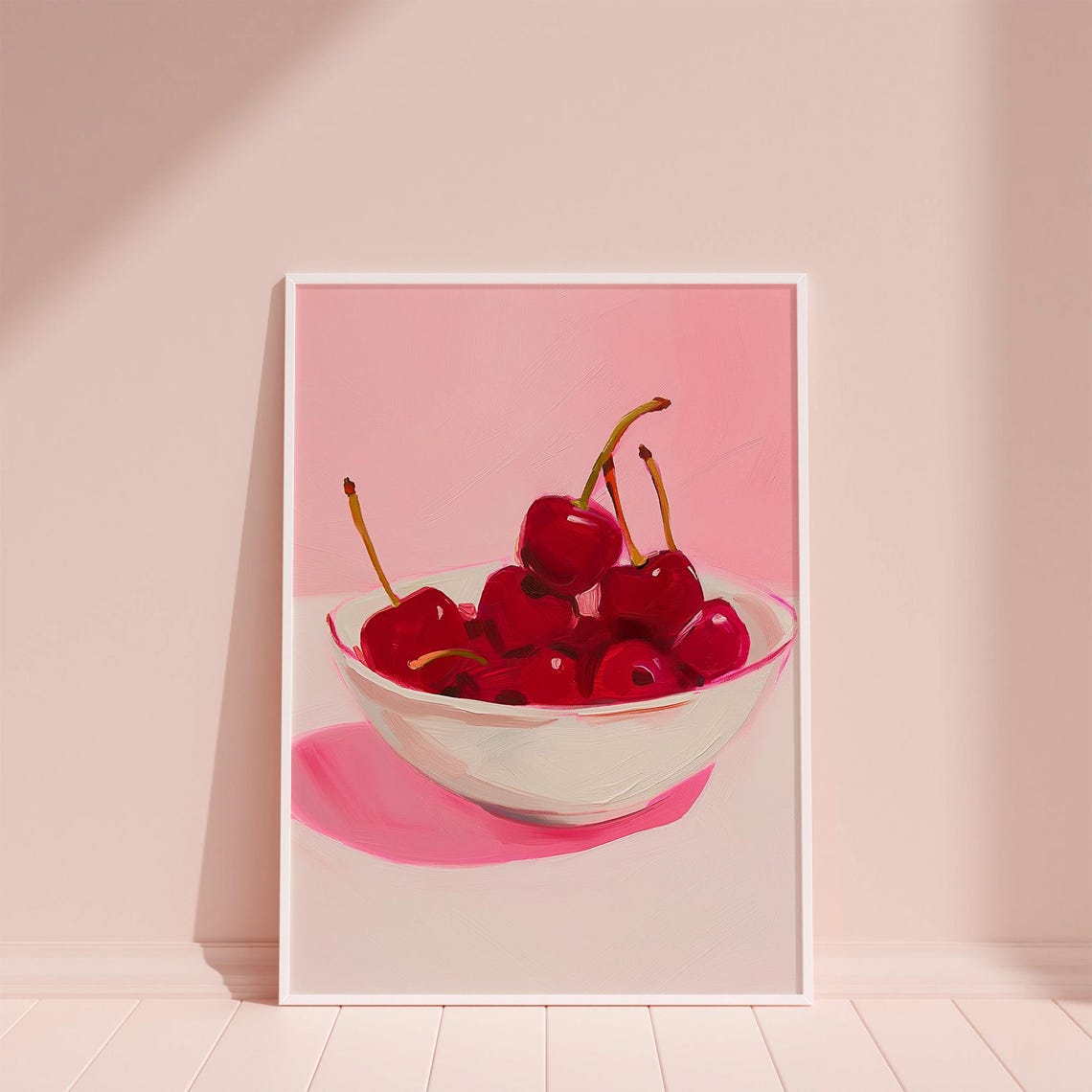 Bowl of Red Cherries Pink Background Summer Fruit Kitchen Poster - Image 2