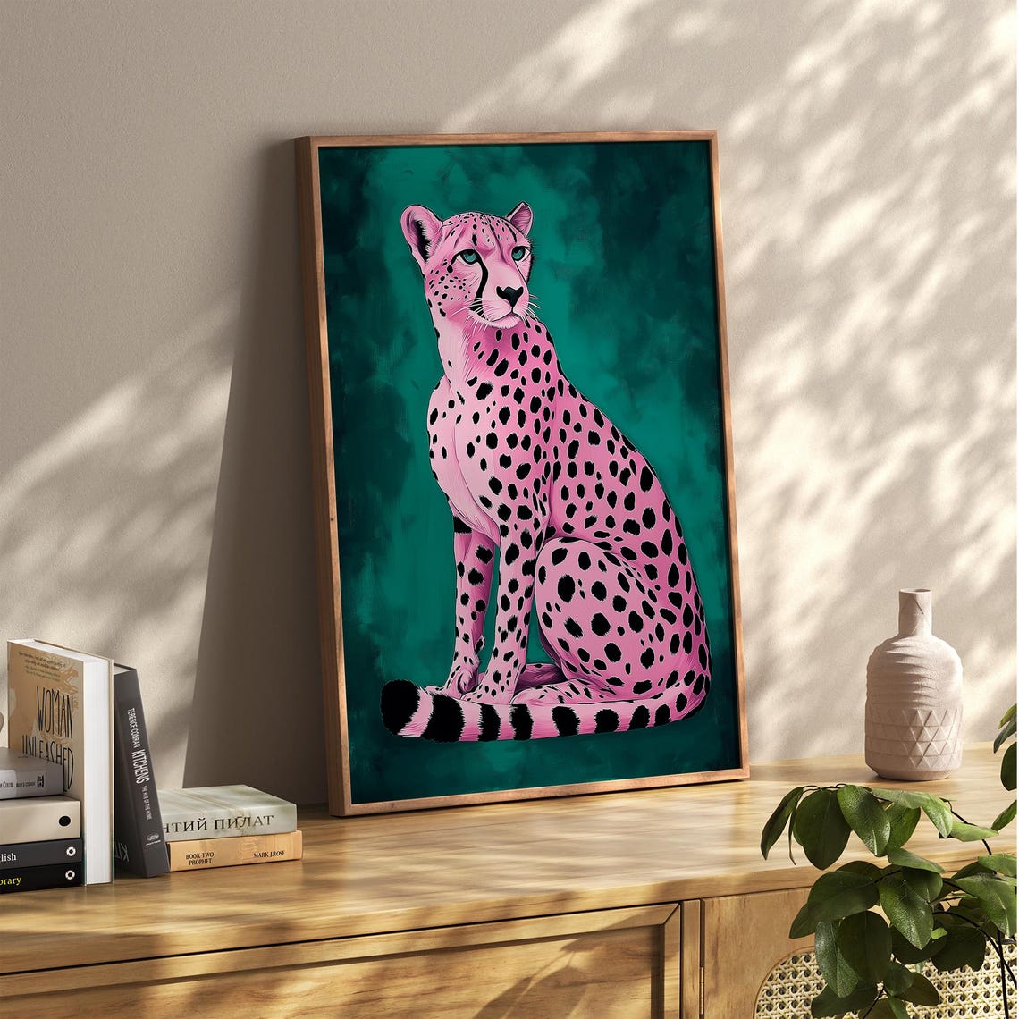 Pink Cheetah on Emerald Green Background Trendy Animal Wall Art - Image 5