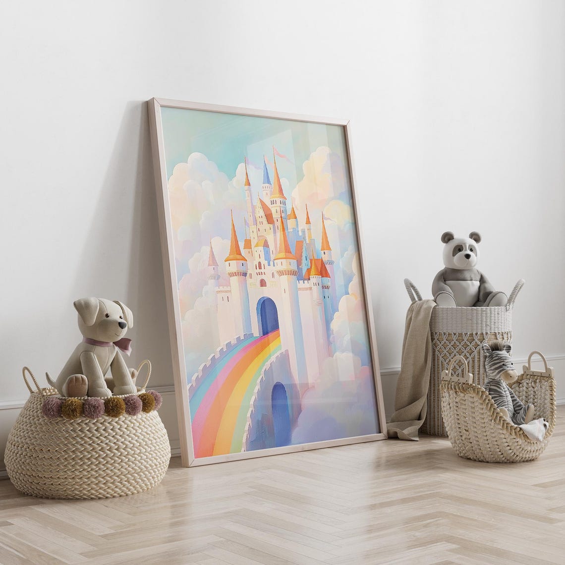 Rainbow Castle in the Clouds Fairytale Princess Nursery Wall Art - Image 3