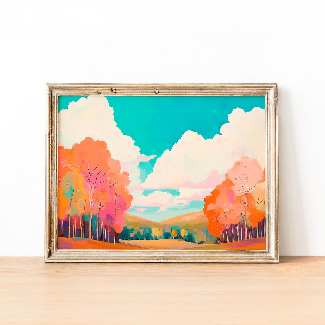 Autumn Forest Path Under Vivid Turquoise Sky With Clouds Poster - Image 2