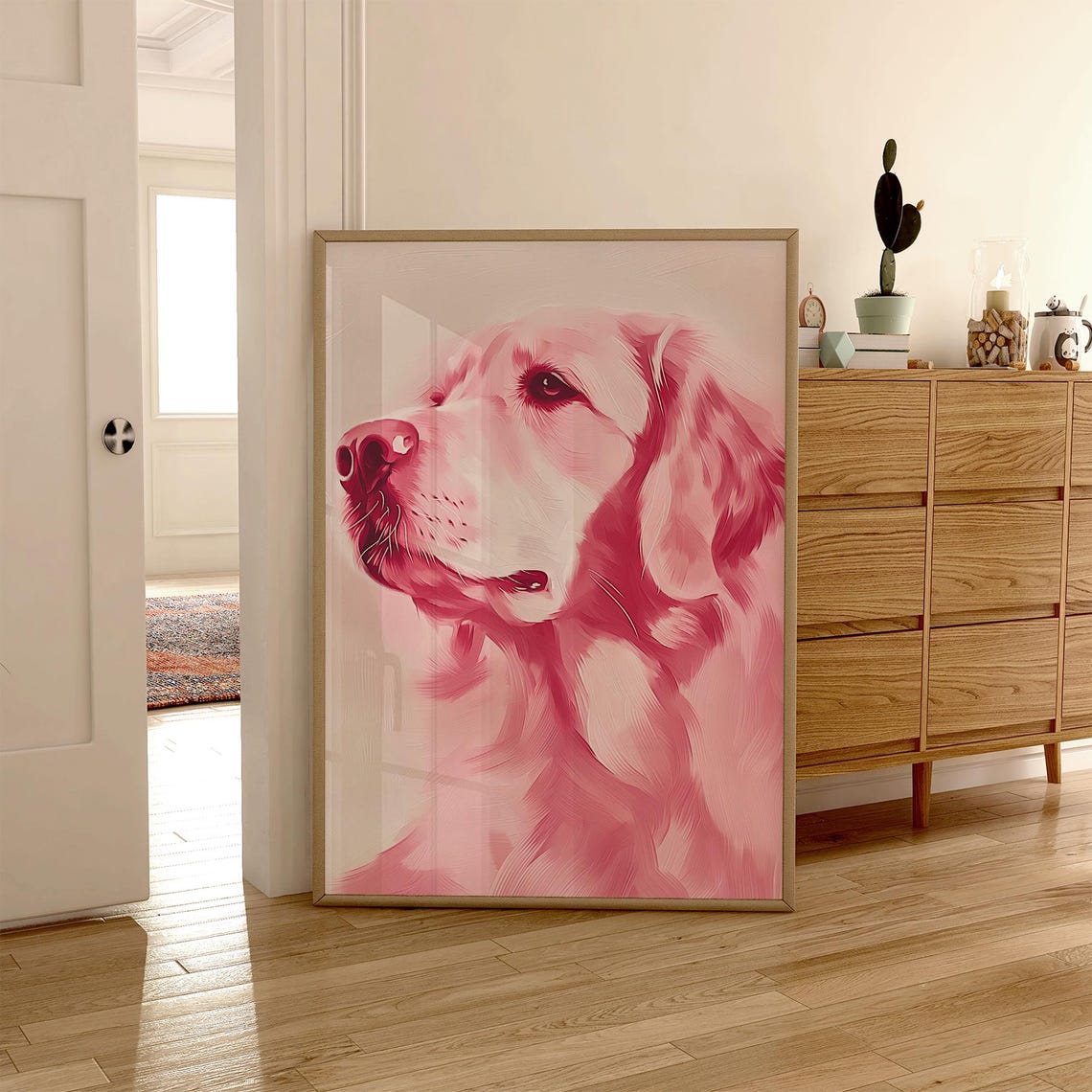 Pink Golden Retriever Painting Monochrome Pet Portrait Retro Animal Wall Art Pastel Puppy Colorful Animal Wall Art - Image 6