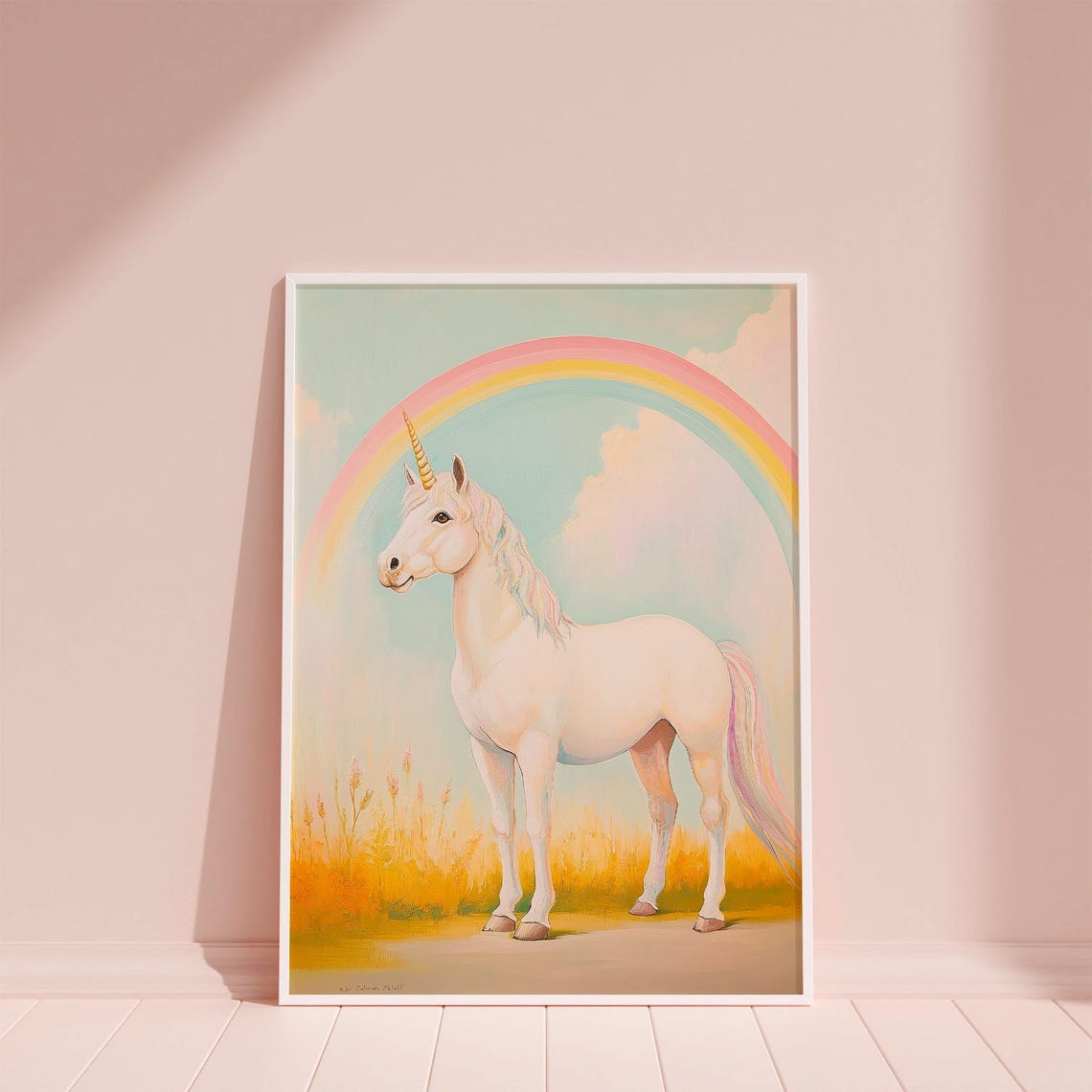 White Unicorn Under a Rainbow in a Golden Field Girls Room Poster - Image 2