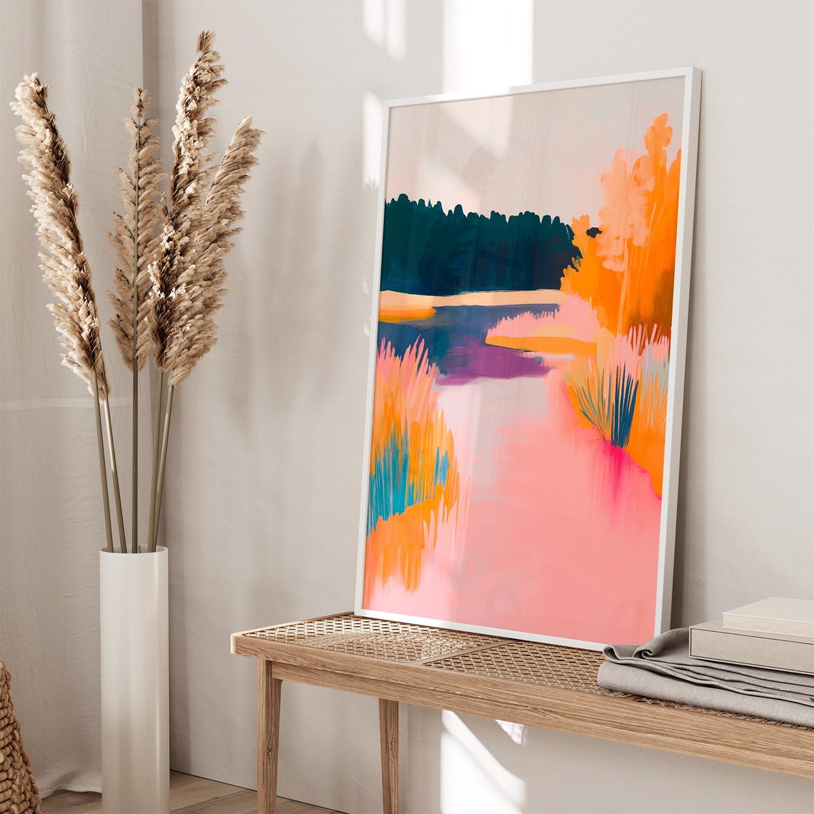 Autumn Lake Reeds Abstract Pink Water Fall Nature Landscape Poster - Image 2