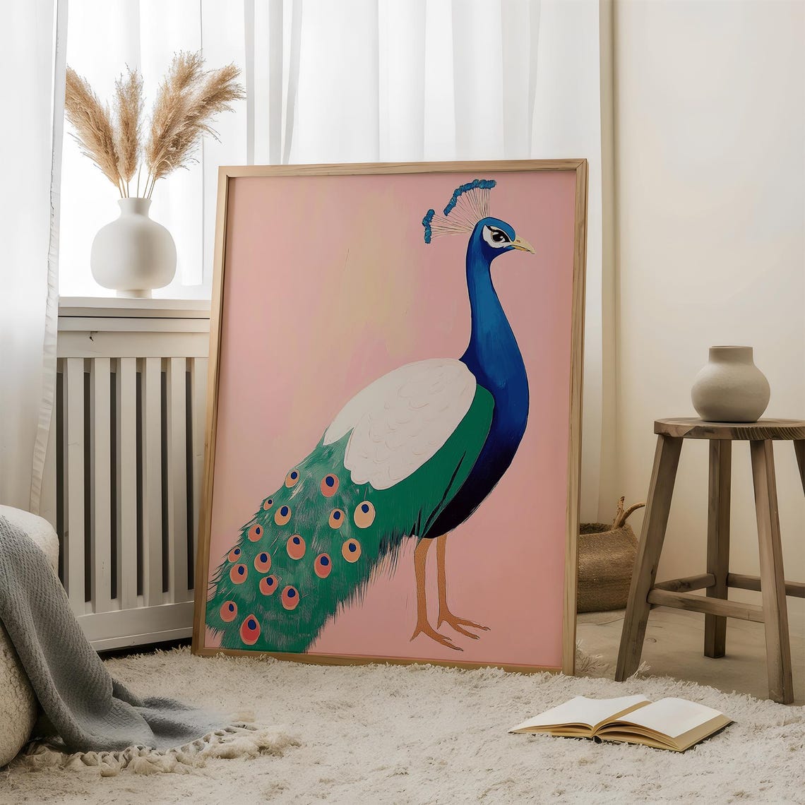 Vivid Blue and Green Peacock on Pink Background Bird Art Poster - Image 5