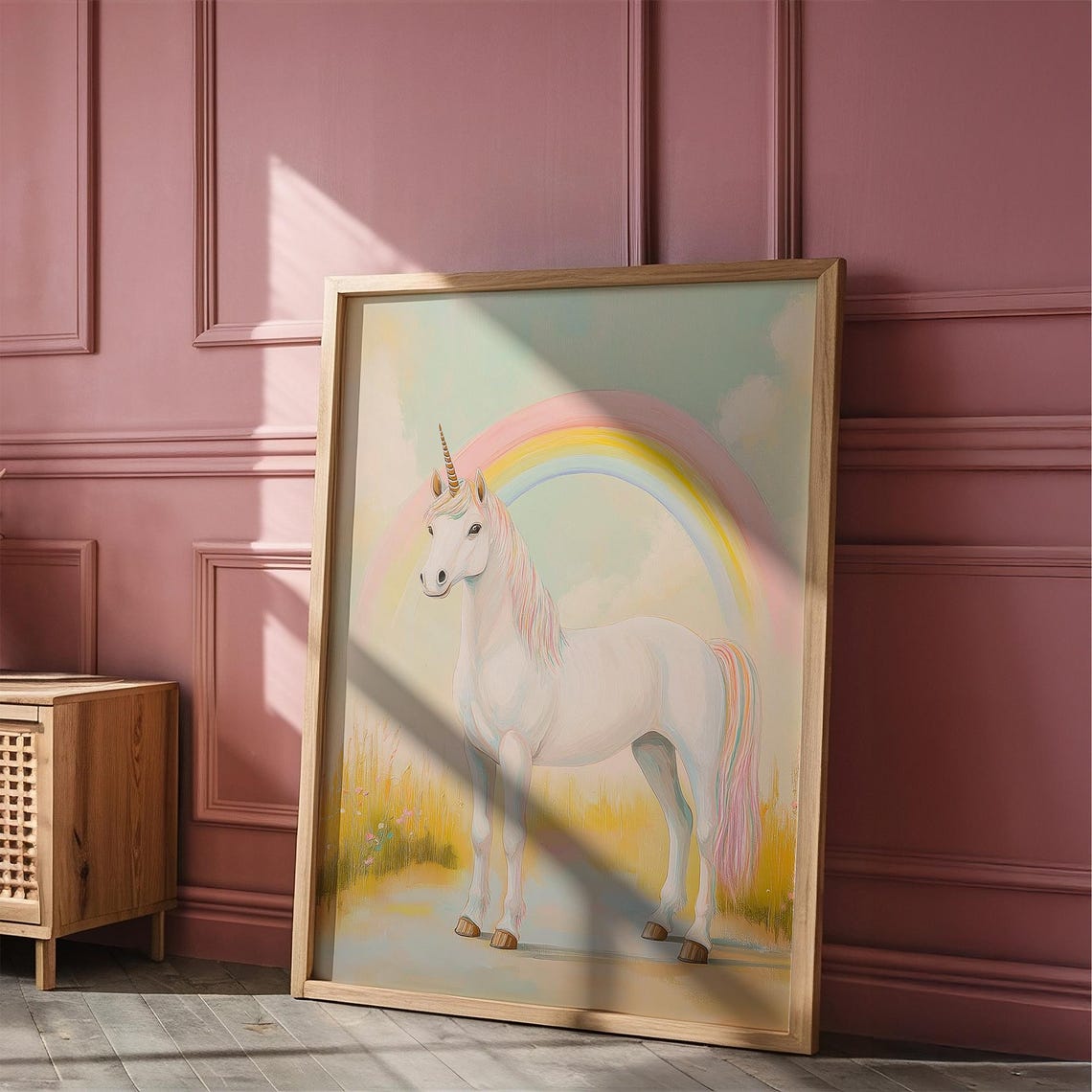 White Unicorn Standing Under Rainbow Pastel Meadow Fantasy Poster - Image 3