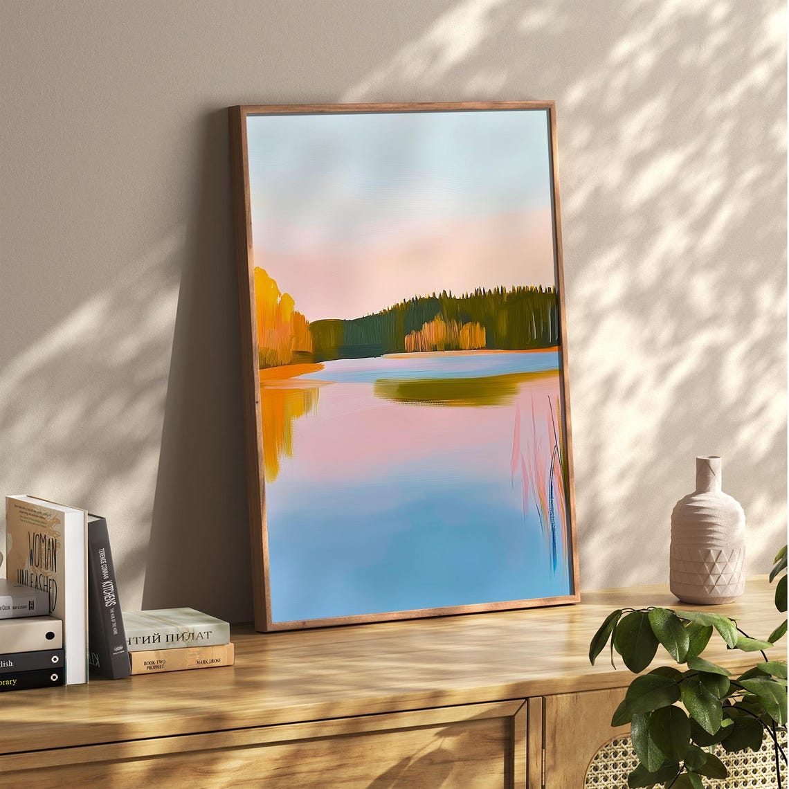 Pink Sunset Lake With Forest Reflection Calm Water Landscape Poster - Image 2