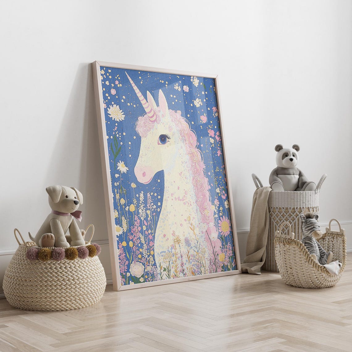White Unicorn Portrait Pink Curly Mane Wildflower Fantasy Wall Art - Image 3