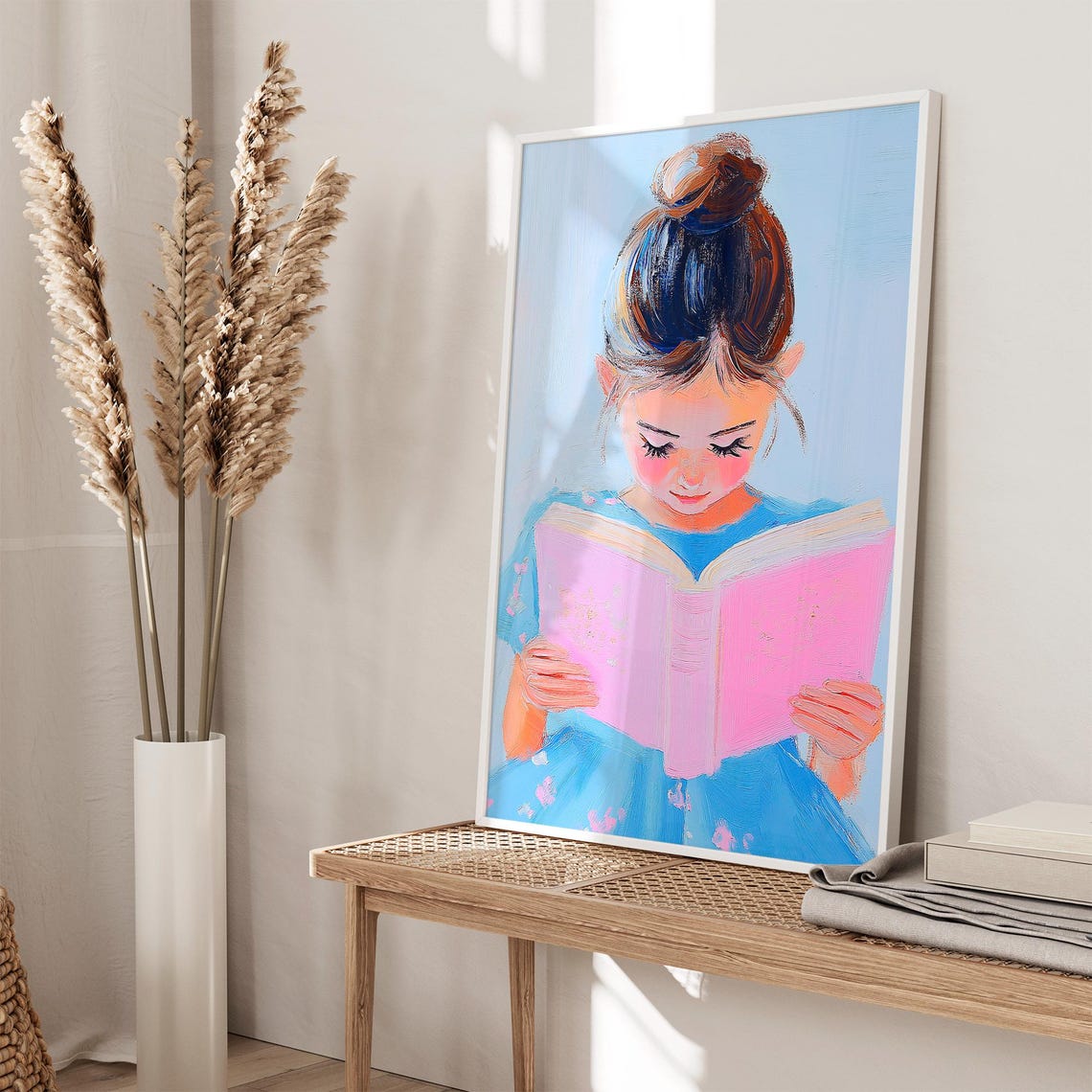 Girl in Floral Blue Dress Reading a Pink Book Nursery Decor Poster - Image 2