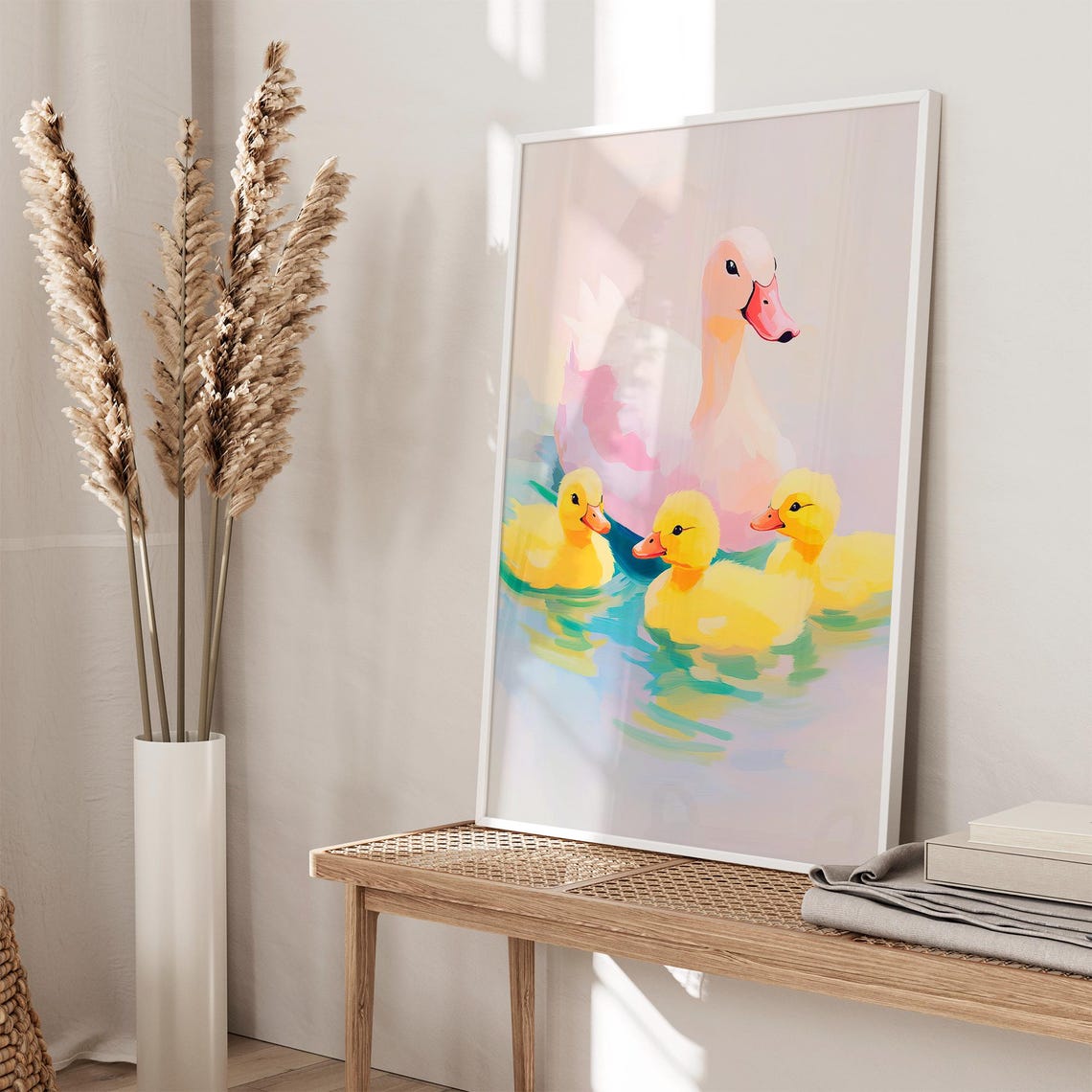 Pastel Mama Duck with Yellow Ducklings Swimming Cute Nursery Poster - Image 2