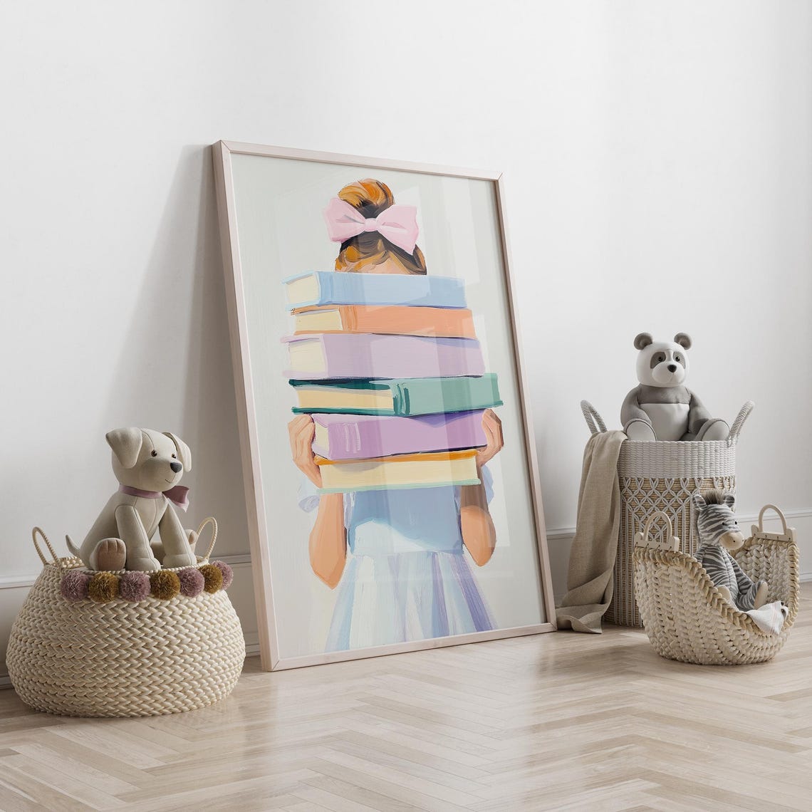 Little Girl Carrying a Tall Pastel Books Stack Kids Room Poster - Image 5