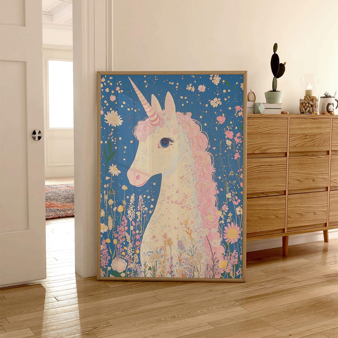 White Unicorn Portrait Pink Curly Mane Wildflower Fantasy Wall Art - Image 5