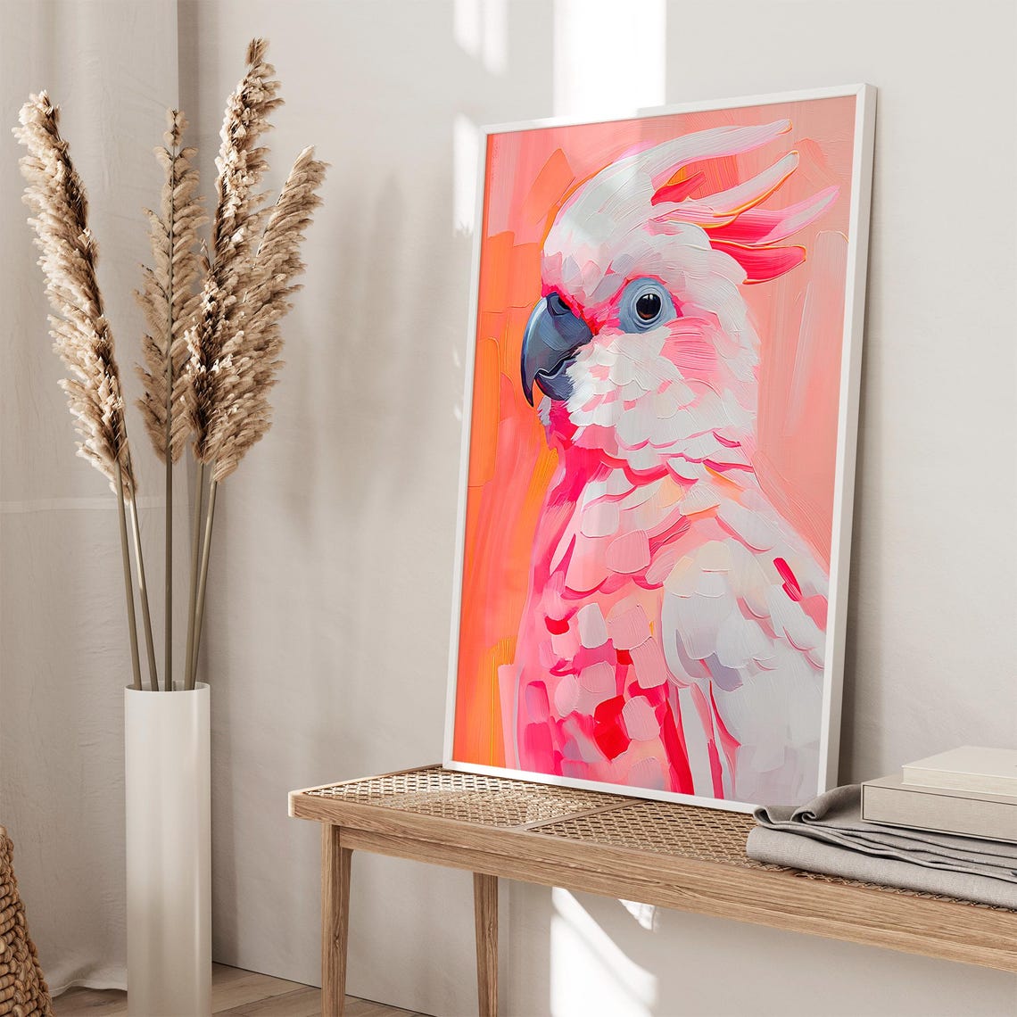 Pink Cockatoo Portrait Impasto Bird Painting Tropical Wall Art - Image 6
