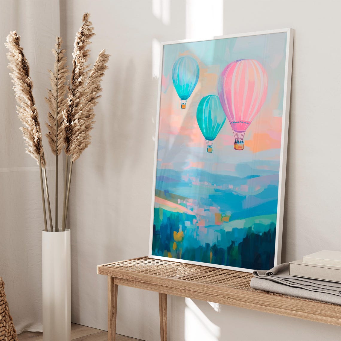 Hot Air Balloons Drifting Over Misty Valley Sunset Pastel Poster - Image 2