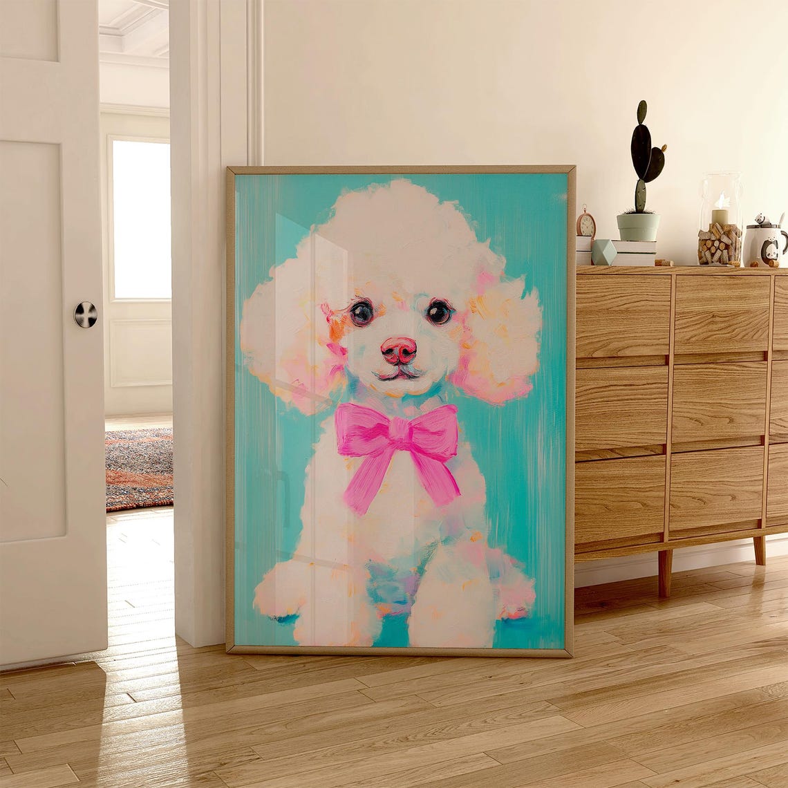 White Poodle Puppy With Pink Bow Turquoise Dog Portrait Poster - Image 4