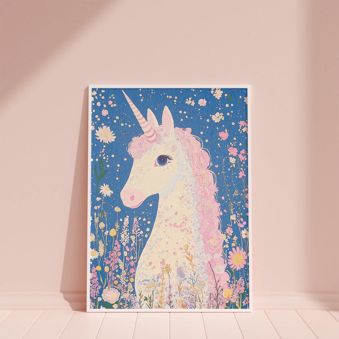 White Unicorn Portrait Pink Curly Mane Wildflower Fantasy Wall Art - Image 6