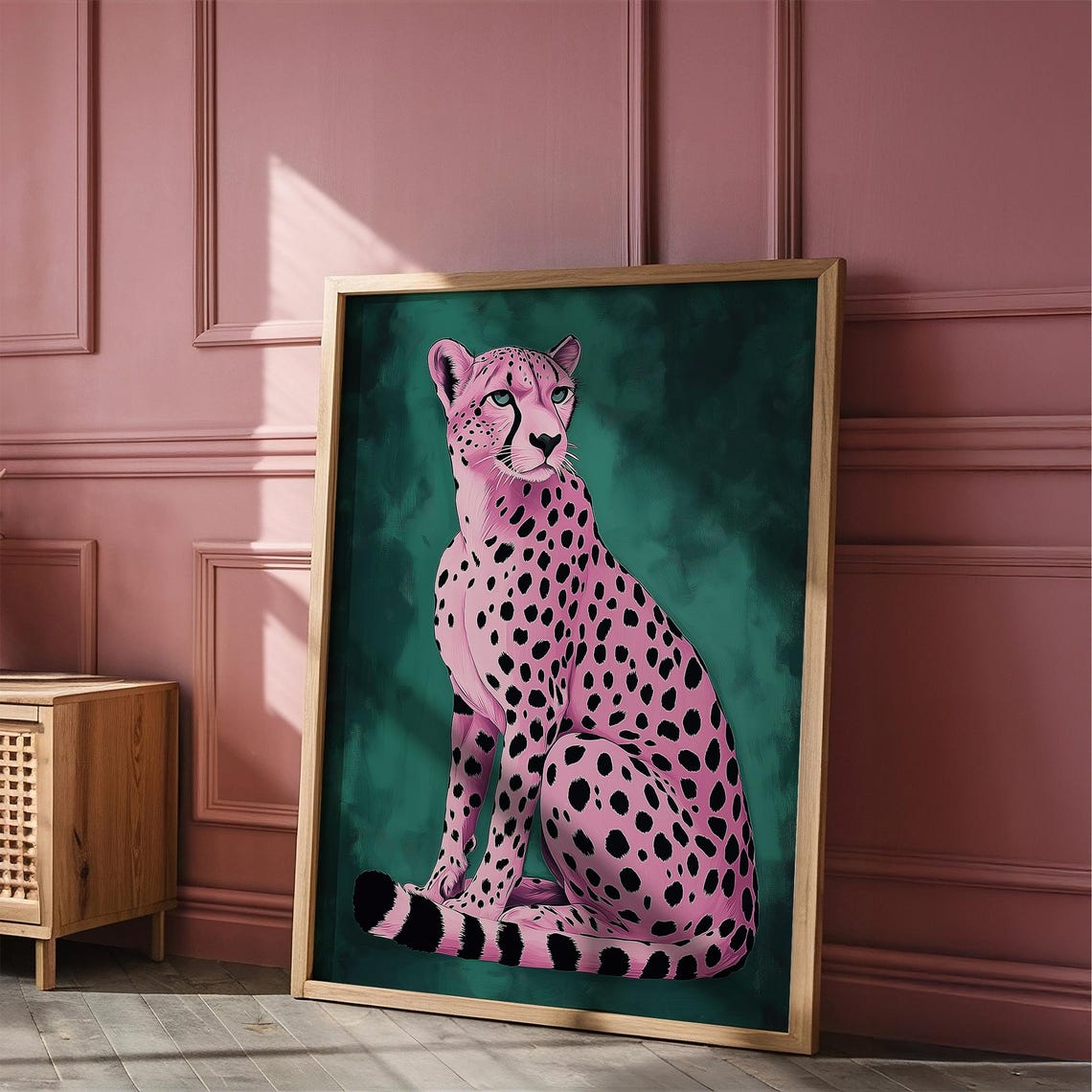 Pink Cheetah on Emerald Green Background Trendy Animal Wall Art - Image 3