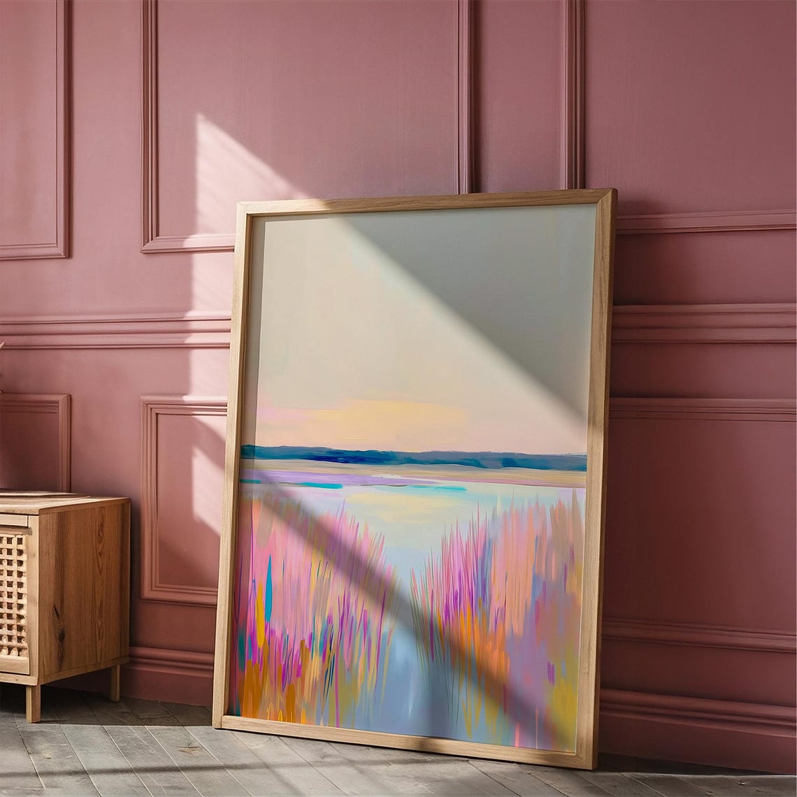 Pink Grass Lakeshore at Sunset Pastel Abstract Nature Poster - Image 3