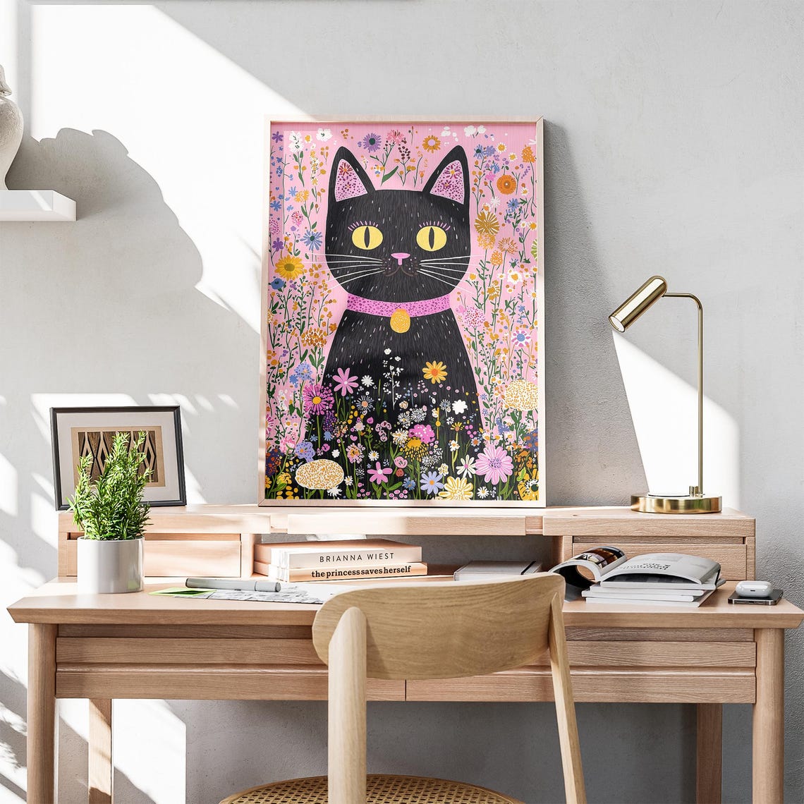 Black Cat in Blooming Wildflower Garden Whimsical Folk Art Poster - Image 3