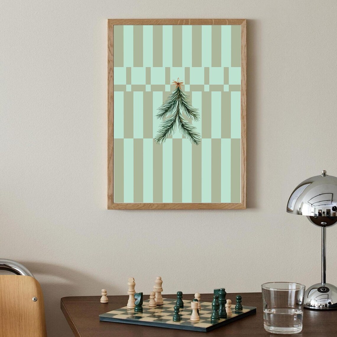 Simple Pine Sprig Ornament on Sage Stripes Christmas Art Poster - Image 2