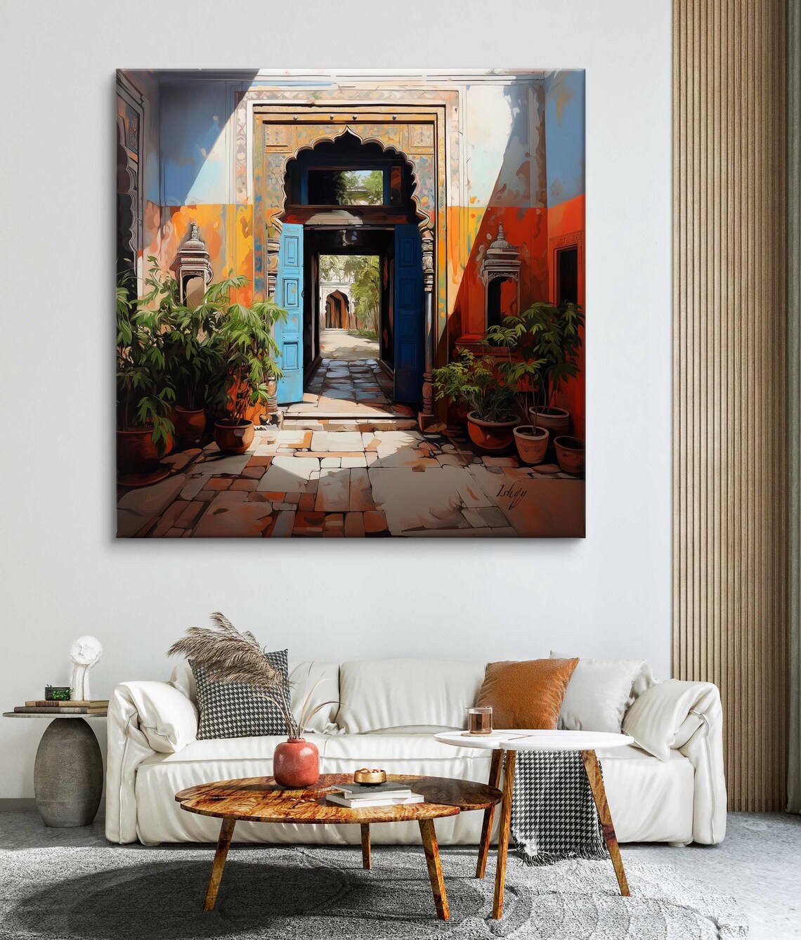 Indian Haveli Courtyard with Blue Doors and Archway Art Poster - Image 6