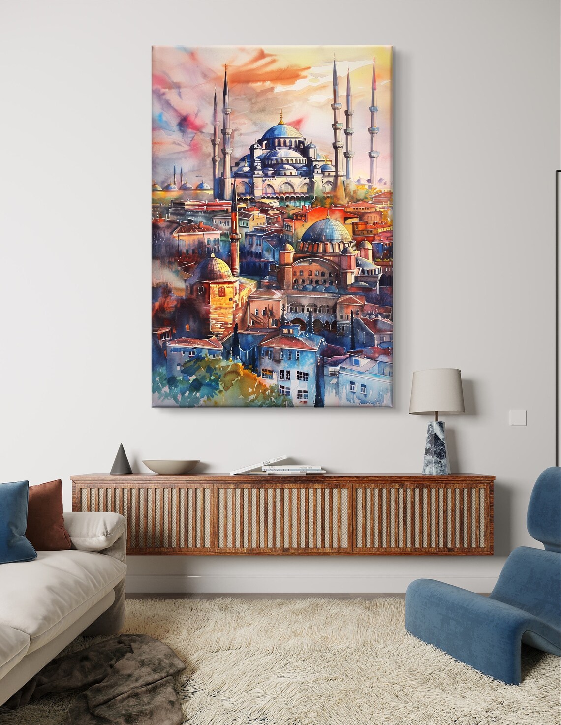Istanbul Blue Mosque and Old Town Skyline Watercolor Sunset Poster - Image 6