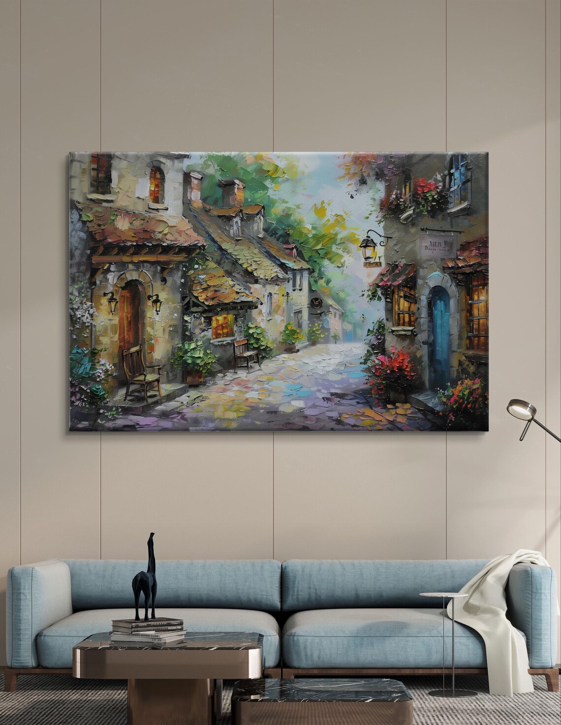 European Village Cobblestone Street with Lanterns Art Poster - Image 3