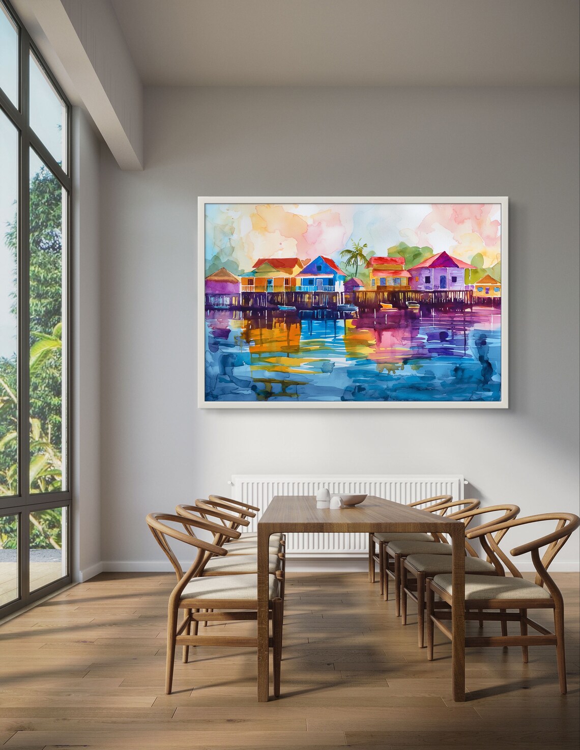San Pedro Belize Stilt Houses Watercolor Reflection Art Poster - Image 2