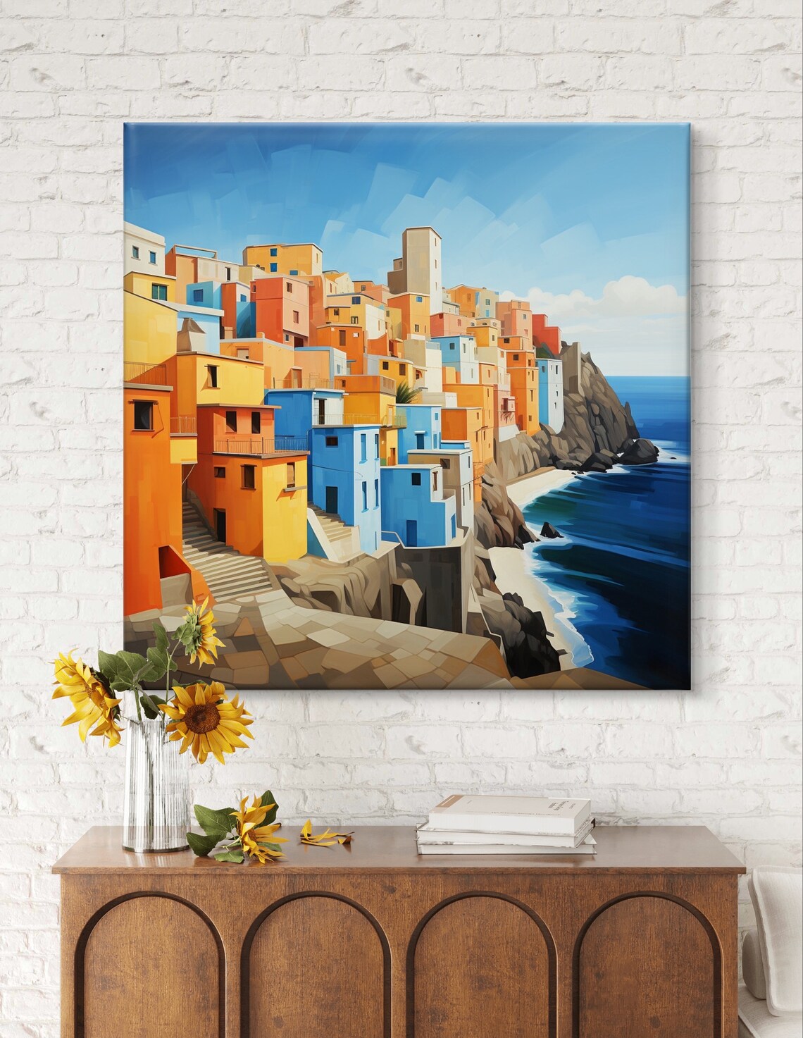 Colorful Mediterranean Cliffside Town by the Sea Daytime Poster - Image 6