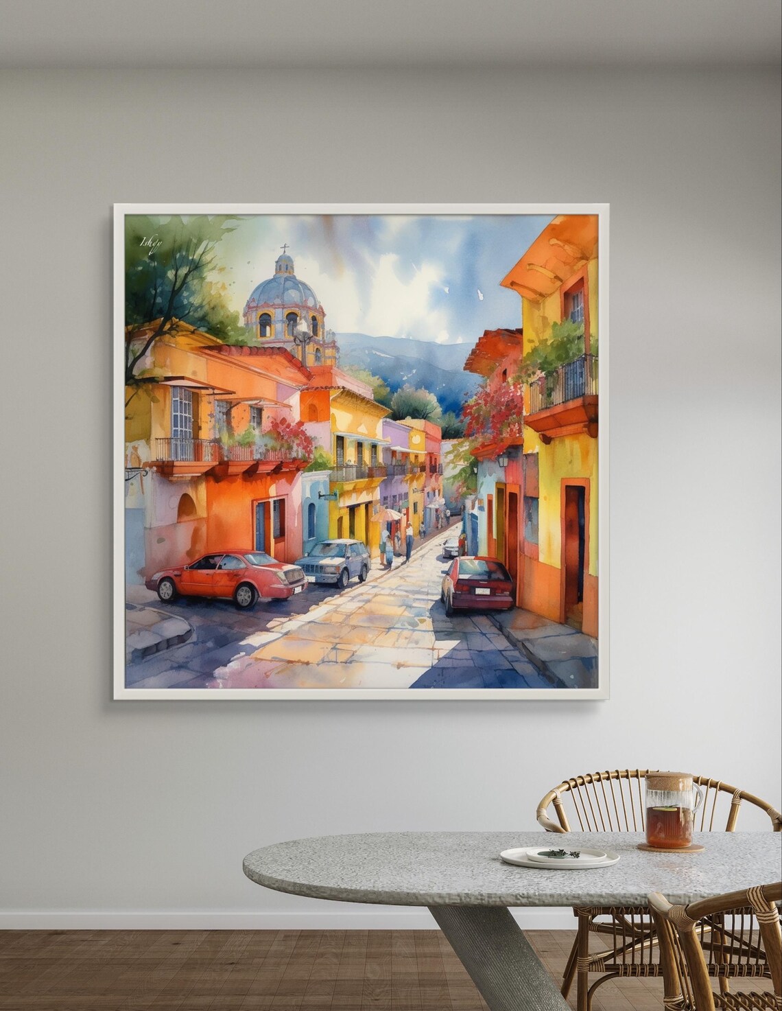 Jalisco Mexico Colorful Street with Church Dome Watercolor Poster - Image 3