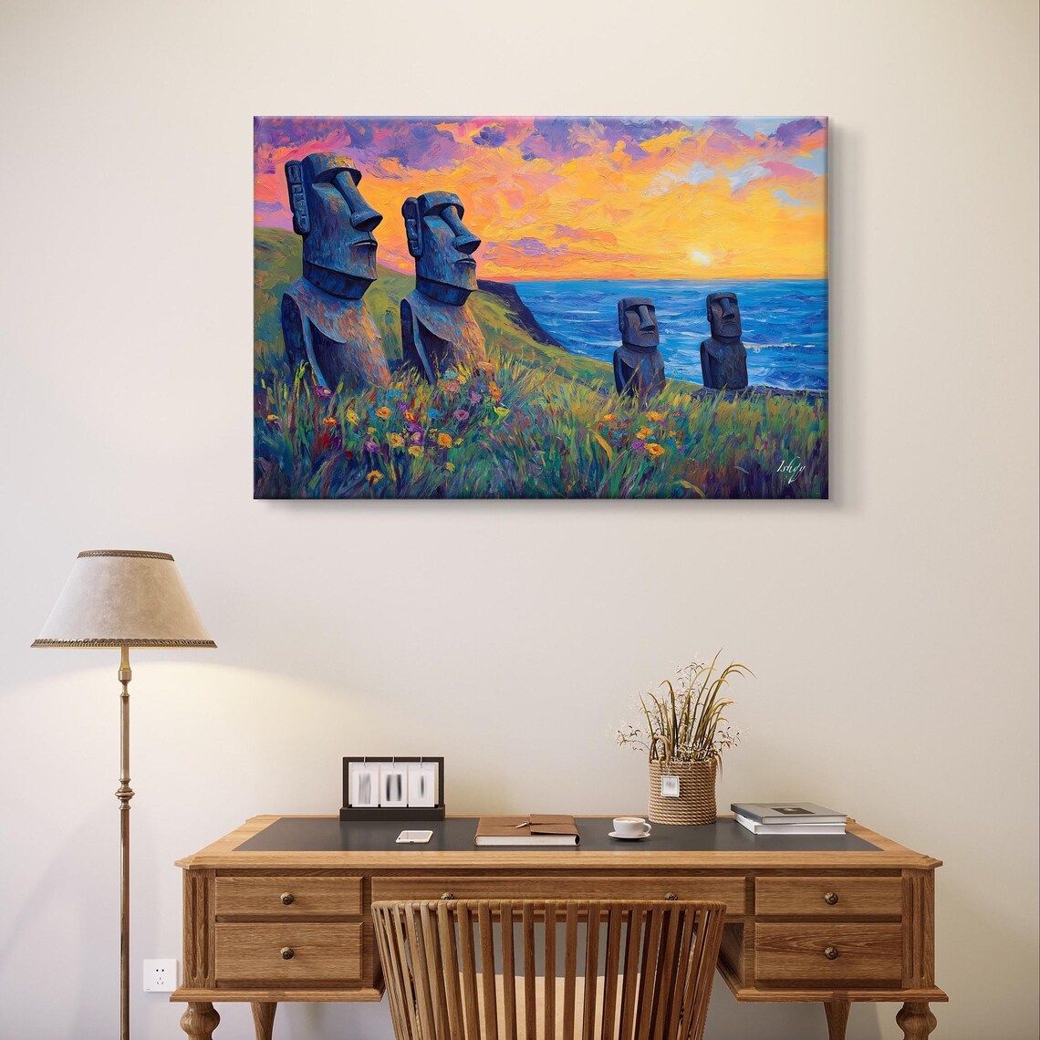 Easter Island Moai Statues at Sunset Over Ocean and Wildflowers Poster - Image 4