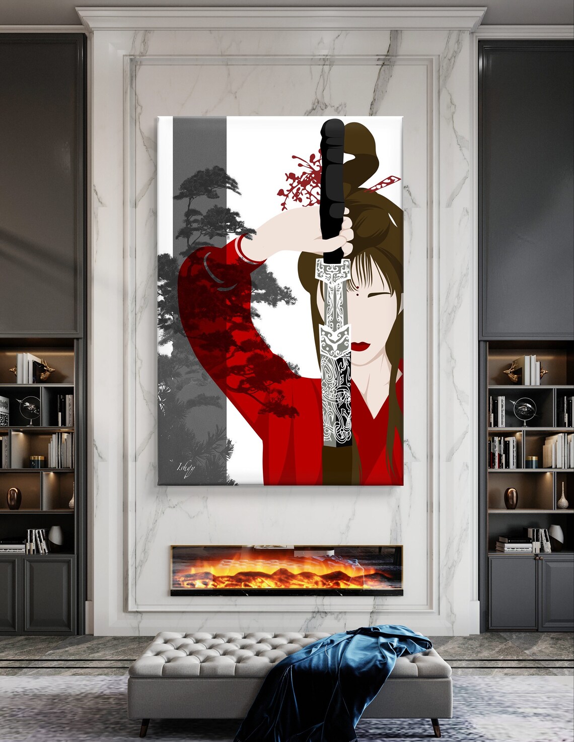 Japanese Warrior Woman Raised Katana Red Kimono Graphic Poster - Image 7