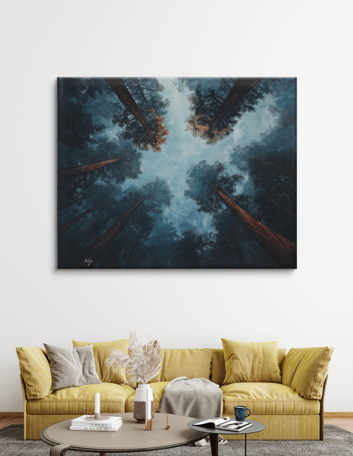 Soaring Redwoods Upward Canopy View Misty Blue Forest Scene Poster - Image 5