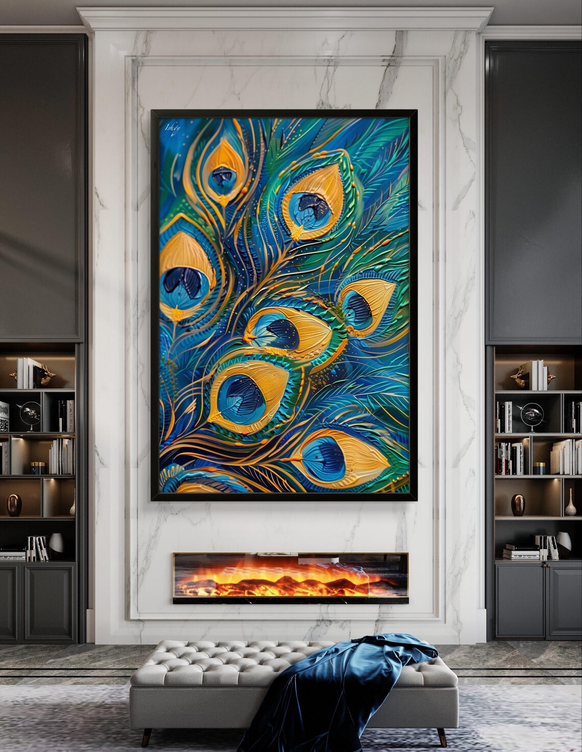 Peacock Feathers Electric Blue Gold Swirling Detail Art Poster - Image 2