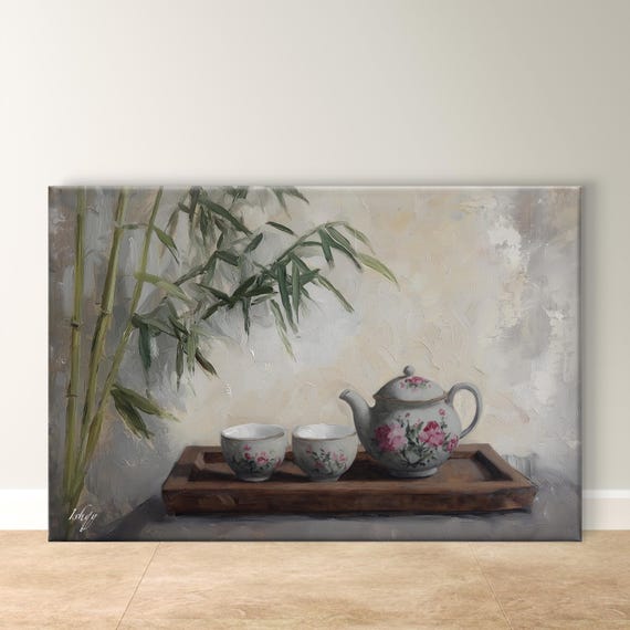 Tea Set Wall Art Bamboo Decor Zen Tea Decor Peaceful Tea Art Traditional Tea Set Calming Decor Minimalist Japanese Tea Ceremony Art