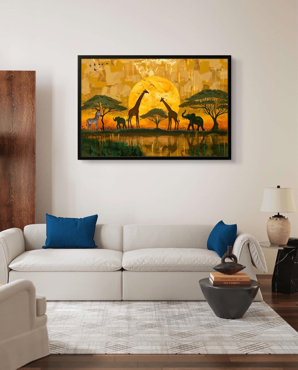 African Savanna Sunset Giraffe Elephant Zebra Wildlife Silhouette Art Poster - Image 2