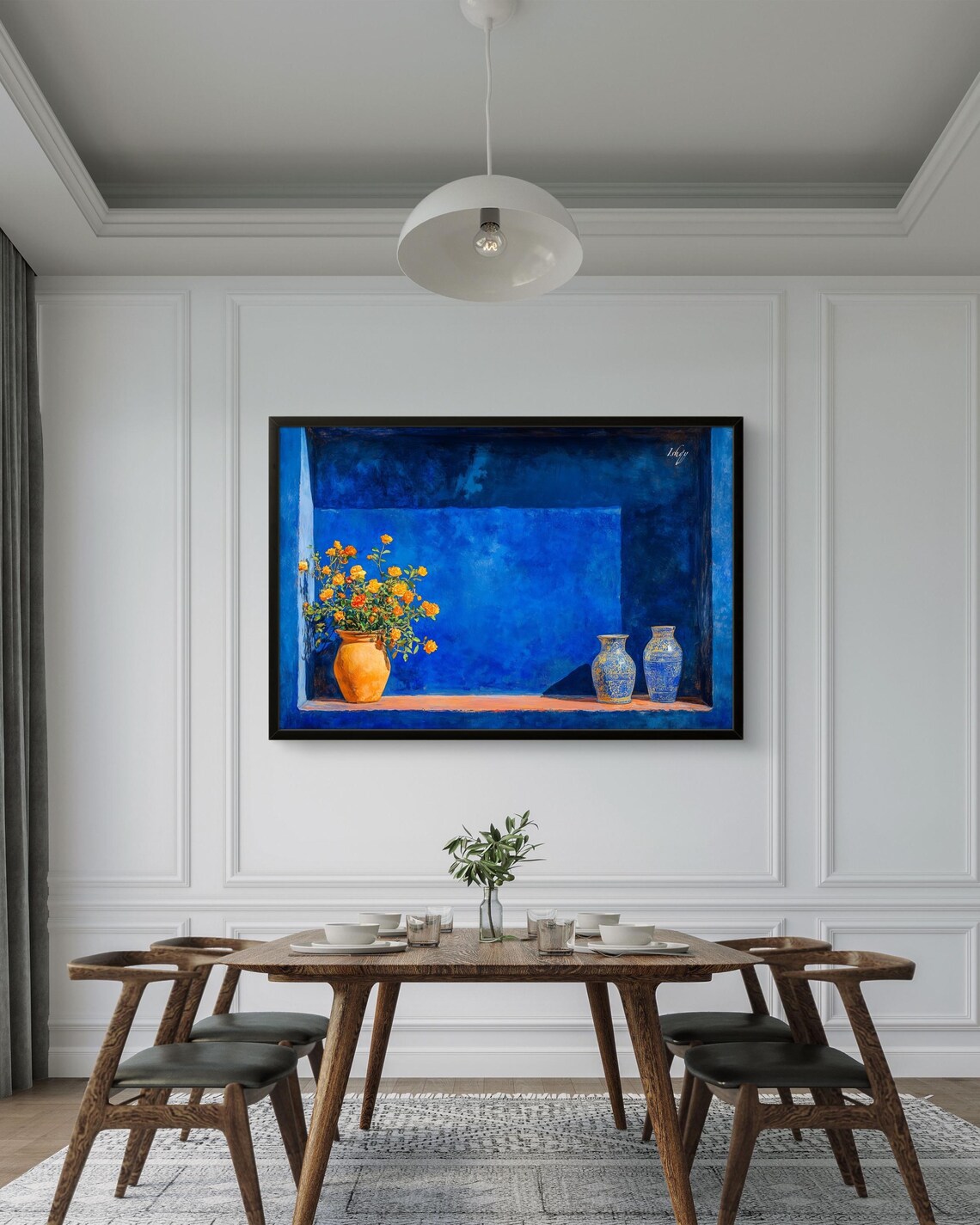 Cobalt Blue Moroccan Niche With Roses and Ceramic Vases Poster - Image 2