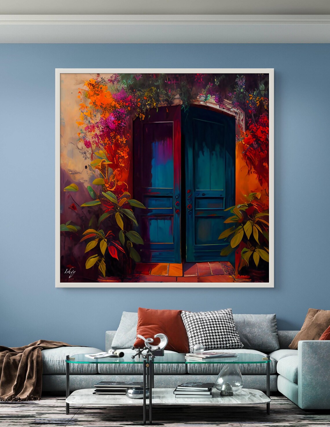 Teal Wooden Double Door Surrounded by Bright Flowers Garden Poster - Image 4
