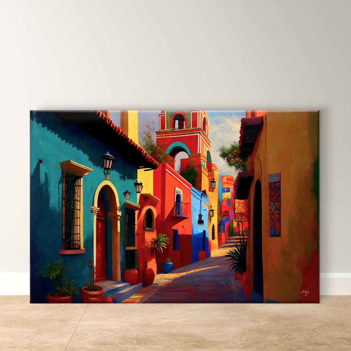 Sunlit Mexican Colonial Street With Red Bell Tower Village Poster