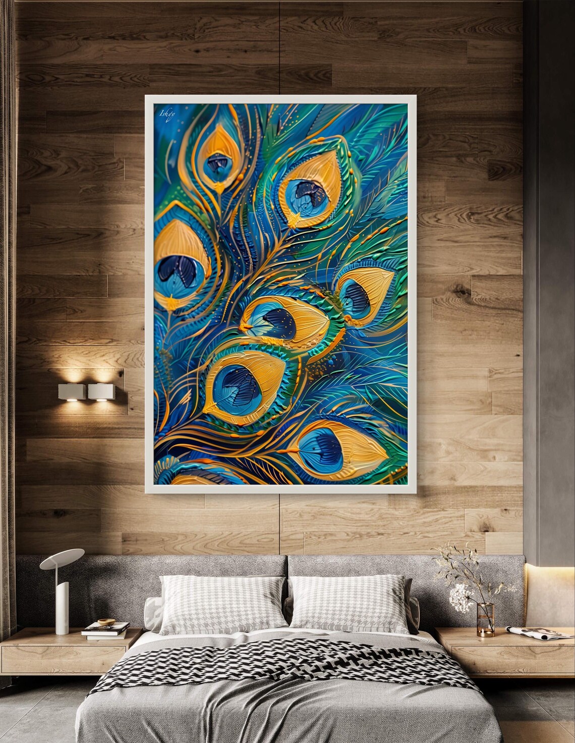 Peacock Feathers Electric Blue Gold Swirling Detail Art Poster - Image 3