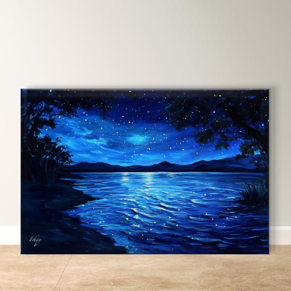 Moonlight Lake Art Lake Print Art Framed Home Decor Unique Gift Living Room Bedroom Kitchen Night Scene Poster Room Art