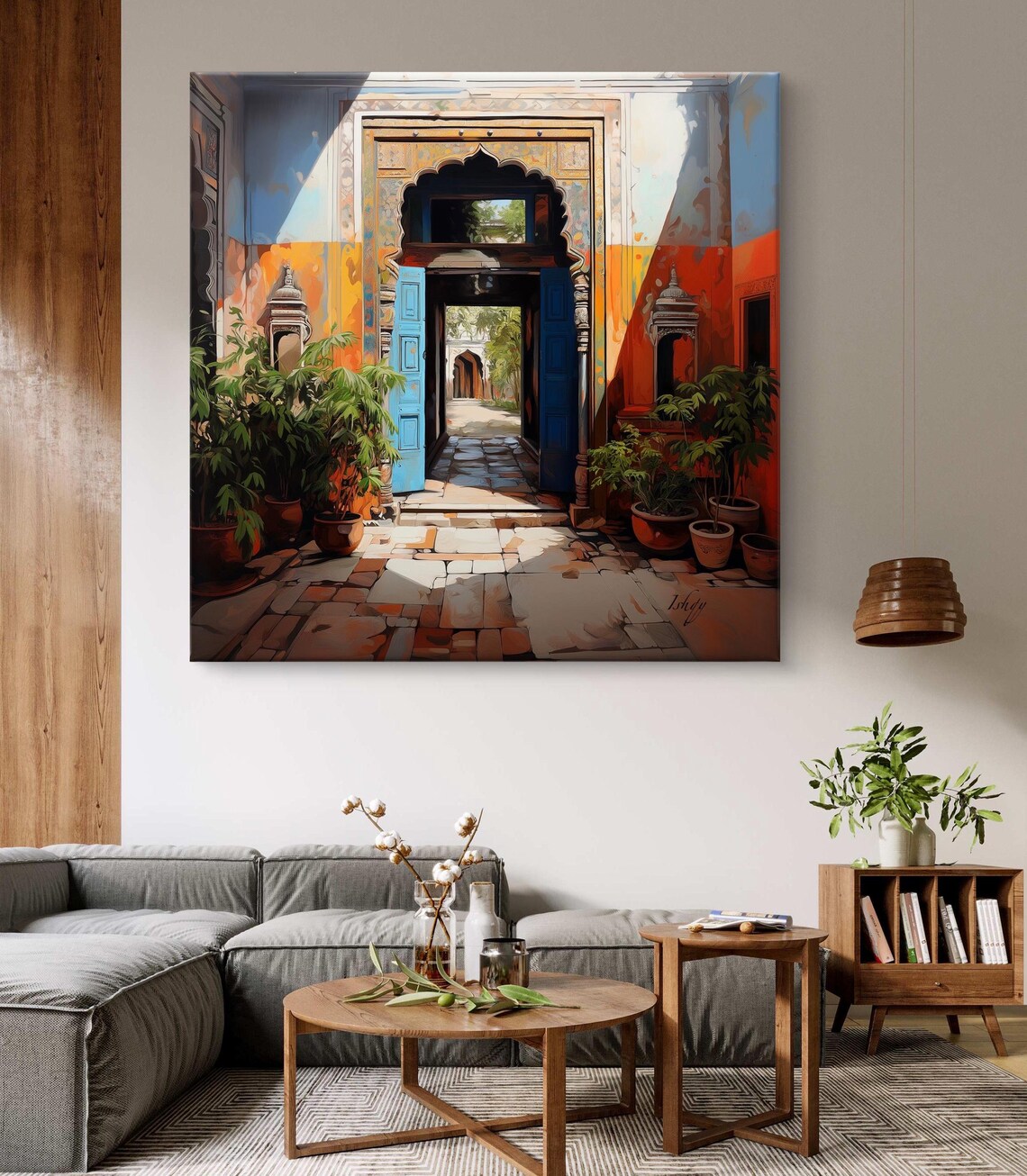 Indian Haveli Courtyard with Blue Doors and Archway Art Poster - Image 5