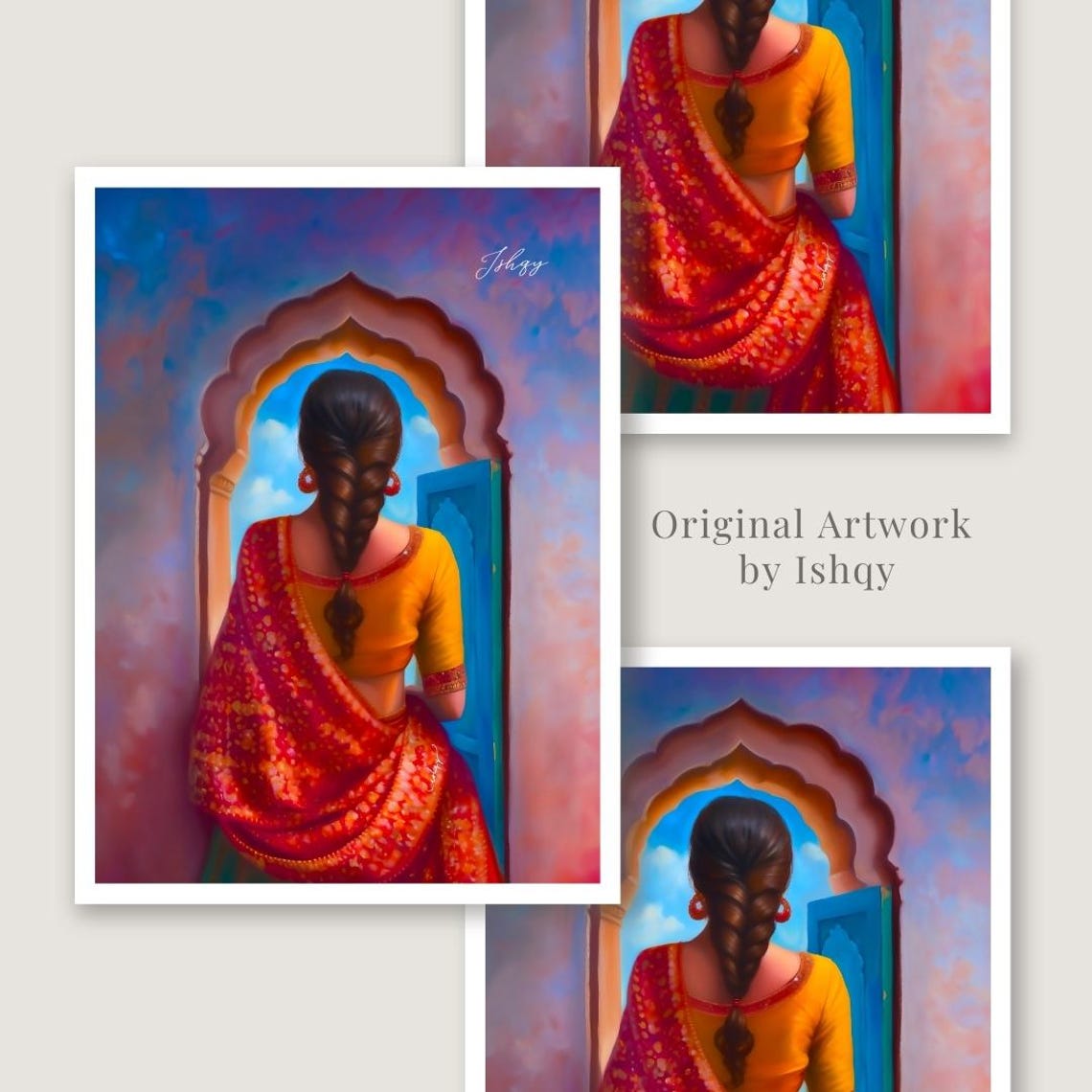 Punjabi Woman in Red Phulkari Saree at Arched Doorway Poster - Image 3