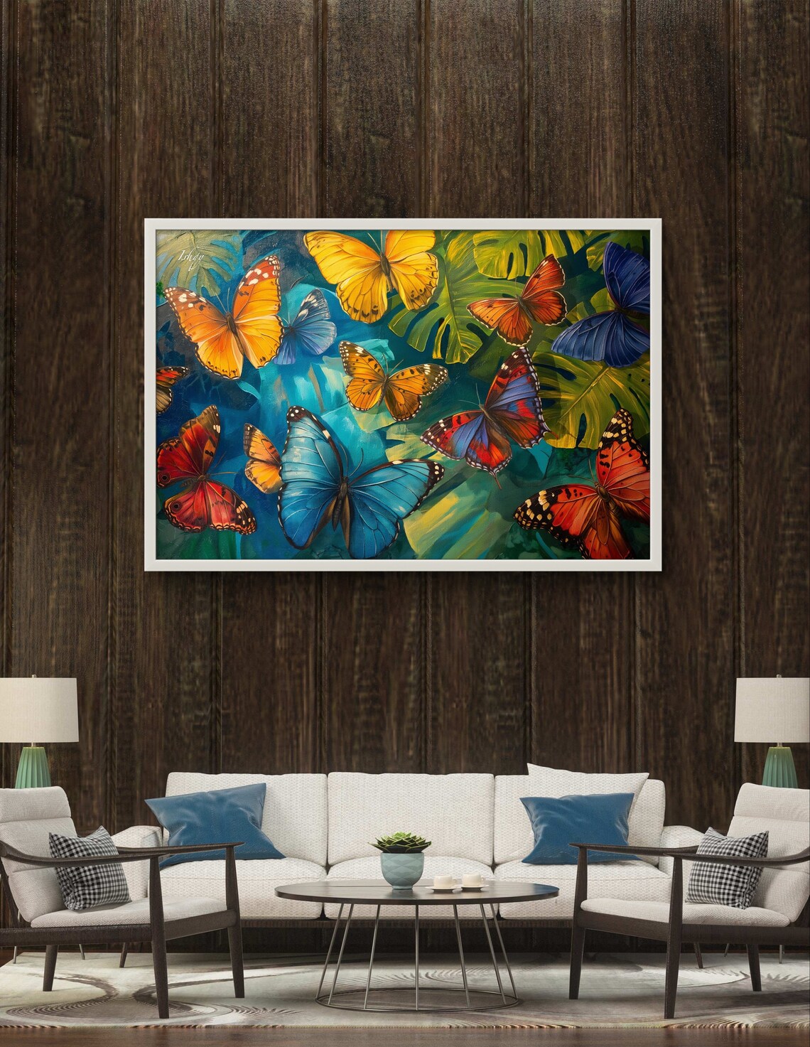 Colorful Butterflies Among Tropical Leaves Nature Painting Poster - Image 3