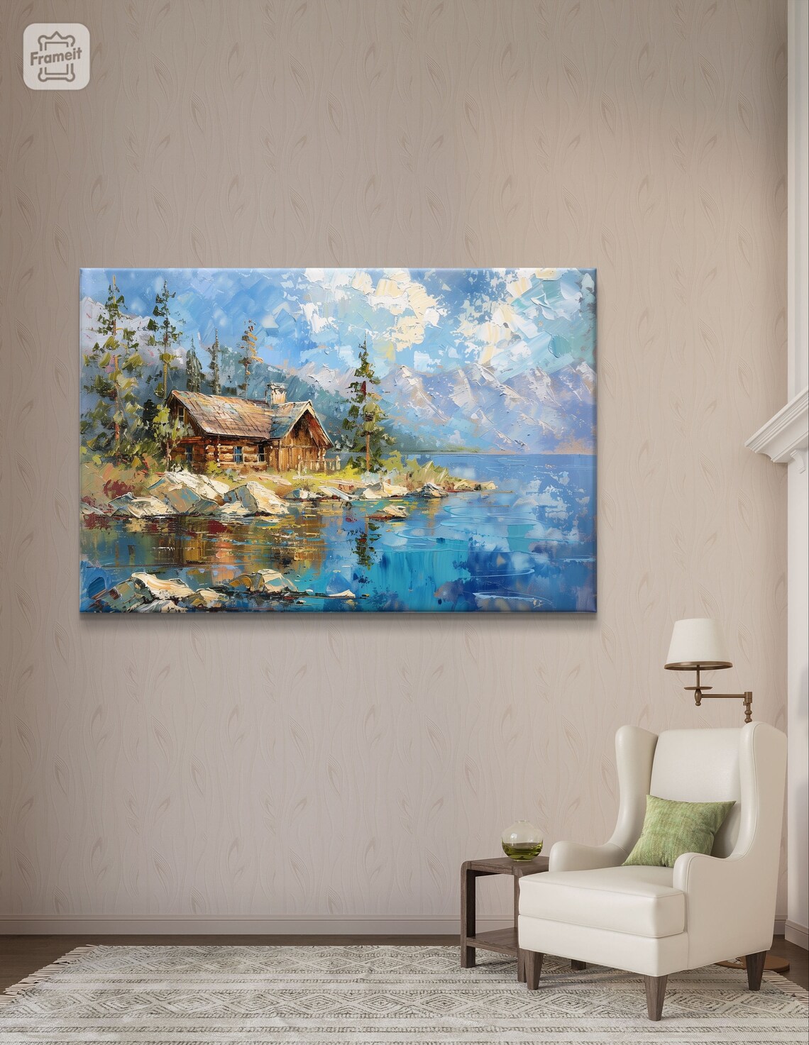Lake Tahoe Rustic Log Cabin on Rocky Shore with Snowy Peaks Poster - Image 5