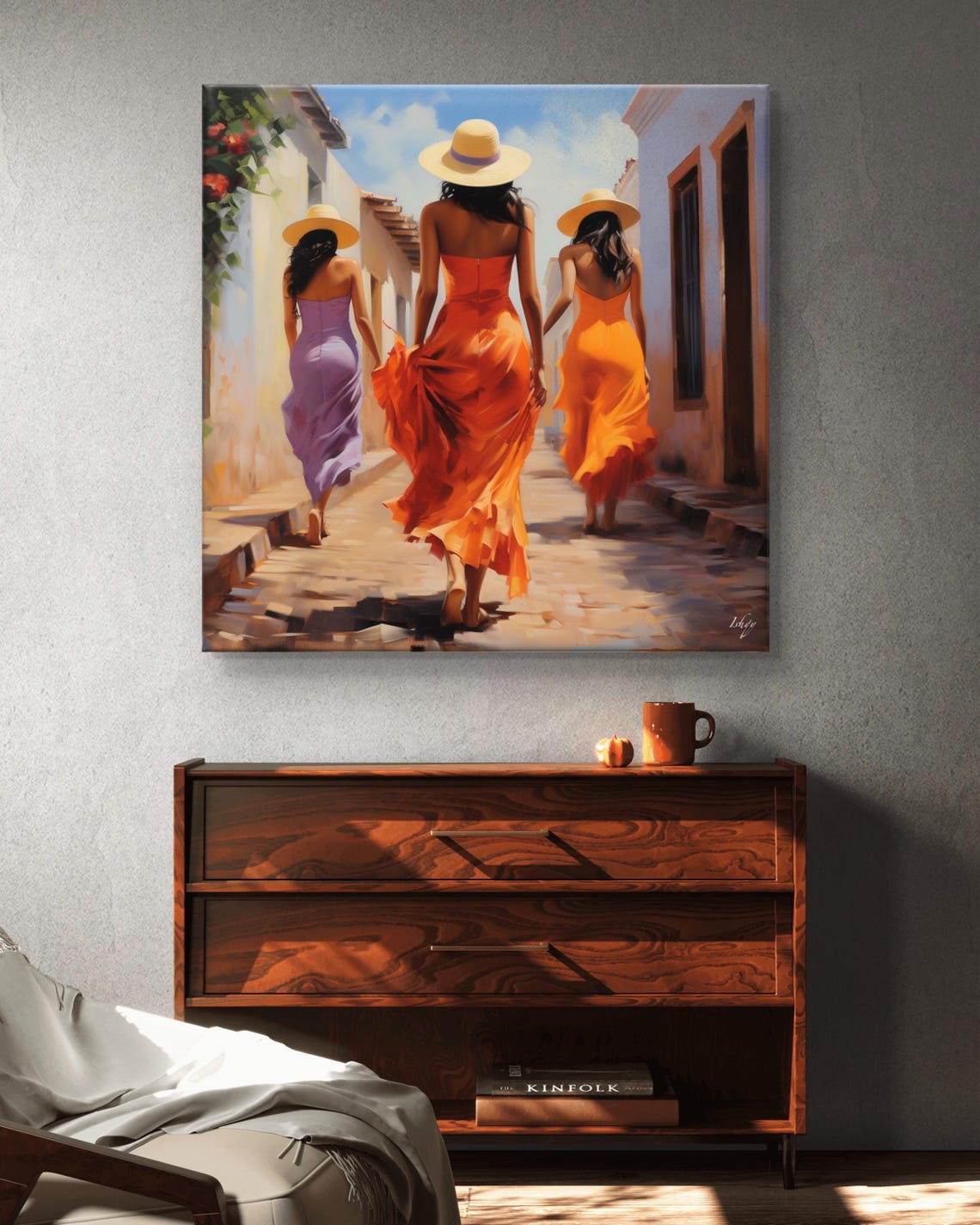 Three Women in Colorful Dresses Walking Sunny Old Town Poster - Image 6