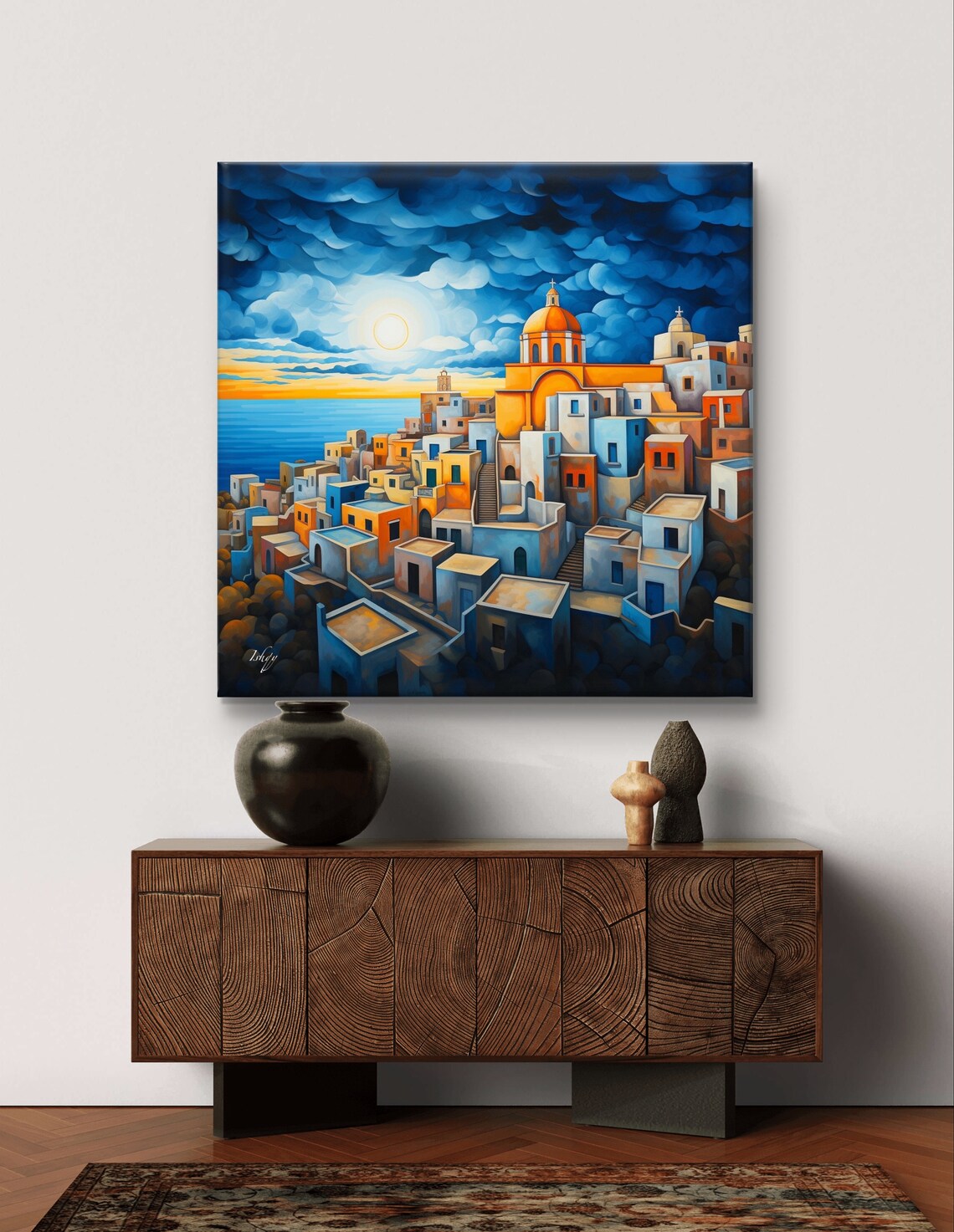 Greek Island Coastal Town at Sunset with Blue Domed Church Poster - Image 6