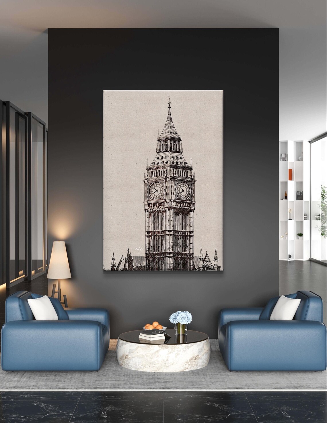Big Ben Elizabeth Tower Black and White Line Art Sketch Poster - Image 7