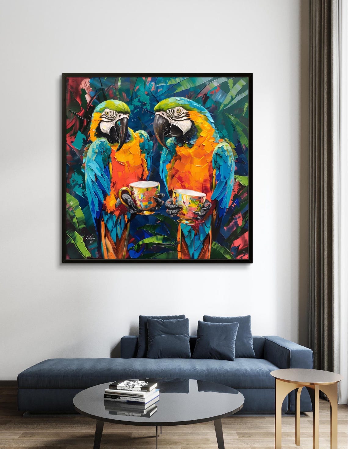 Two Macaw Parrots Drinking Tea Tropical Whimsical Bird Poster - Image 2