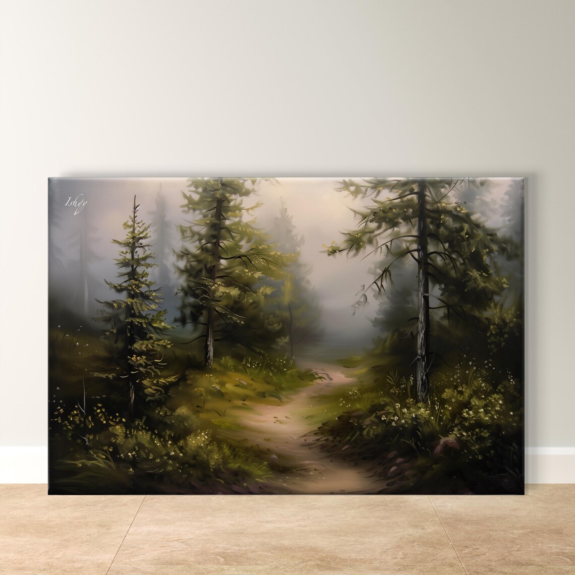 Foggy Evergreen Forest Path Serene Misty Morning Walk Poster
