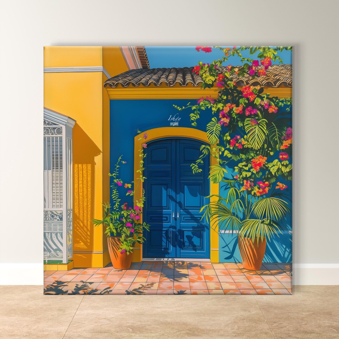 Brazil Colonial Blue Doorway with Bougainvillea Flowers Poster